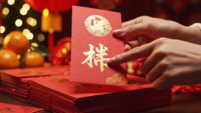 A closeup shot captures a person's hand holding a traditional red envelope with gold Chinese characters, stacked among many other envelopes.
