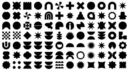 Fototapeta premium Abstract geometric shapes and icons in black, a versatile collection for modern graphic design and branding