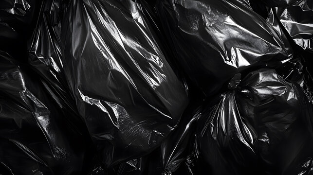 Pile of black plastic garbage bags. Household waste.
