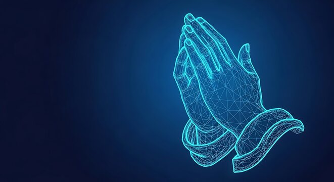 Futuristic Wireframe Praying Hands Neon Polygon Structure, Futuristic Wireframe Praying Hands Islamic Ramadan Technology Background