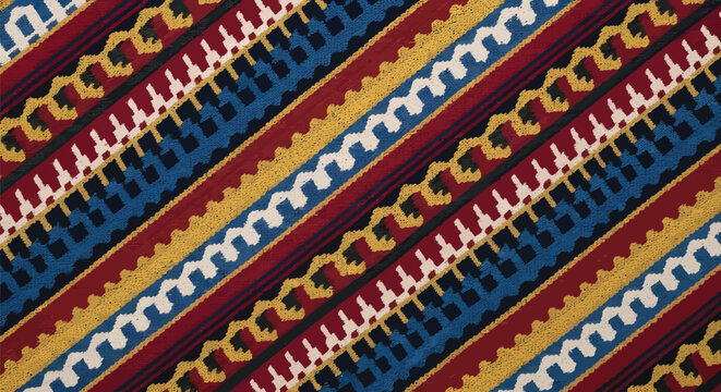 Vibrant traditional Yakan handwoven fabric showcasing intricate geometric patterns in bold red, blue, and gold colors, ideal for cultural design projects and textile applications.