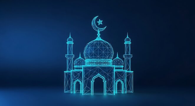 Minimal Crescent Moon with Mosque Islamic Ramadan Eid Mubarak Blue Background