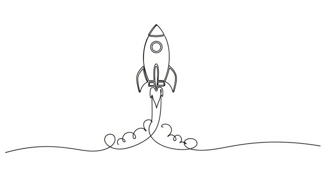 Minimalist single line drawing of a rocket launching with smoke trails against a white background