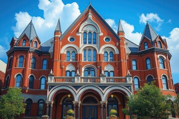 Obraz premium Majestic red brick Victorian building with pointed towers, three arched entranceways, ornate stone trim, balcony and trees beneath a bright blue sky