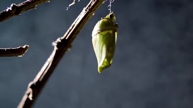 Close-up of butterfly emerging from chrysalis in dark background with glowing light. Symbol of transformation and rebirth.