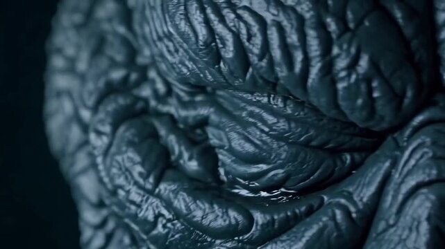 Close-up of monstrous creature opening glowing red eyes in darkness, evoking fear and mystery.