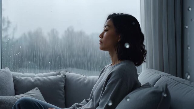 Woman sitting on couch looking out window at rain with calm expression indoors on a rainy day