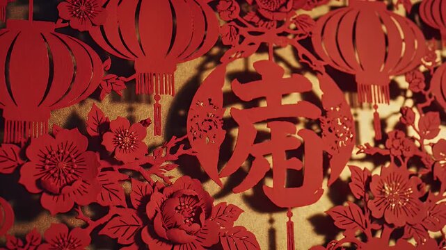 A close-up shot features a red papercut artwork with lanterns, flowers and Chinese characters, celebrating the Lunar New Year and the Spring Festival tradition in Asia.