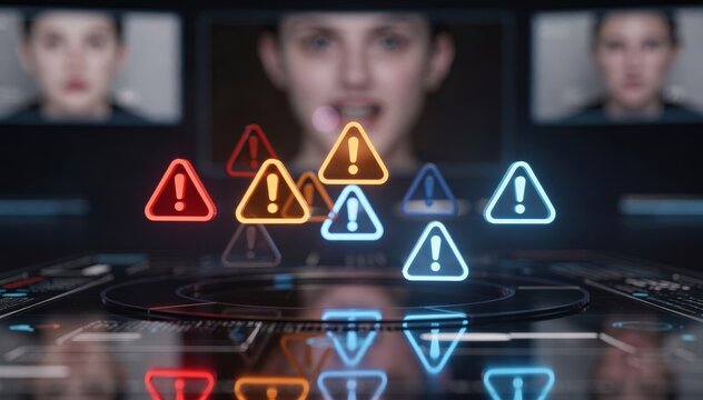 Medium shot of AIdriven dashboard displaying realtime anomaly alerts with sharp focus on warning icons blurred background highlighting flagged deepfake footage.