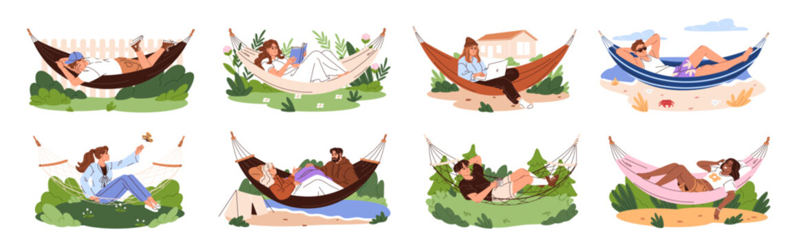 People relax on hammocks set. Young men and women have a rest lying on textile stretched between trees on beach, garden, work and read at nature. Flat isolated vector illustrations on white background
