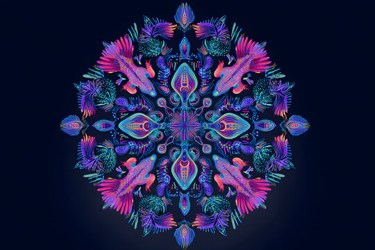 Psychedelic Mandala Illustration with Colorful Axolotls in Neon Symmetrical Pattern