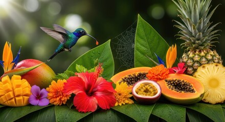 Fototapeta premium A vibrant still life arrangement featuring tropical fruits and flowers, with a hummingbird in flight, set against a blurred green background.
