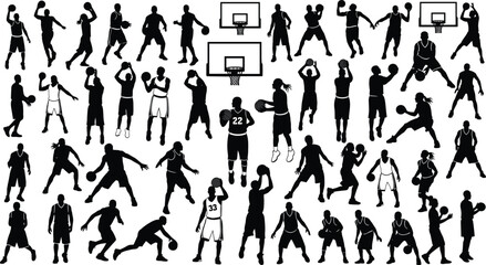 Basketball player silhouettes set featuring dribbling, shooting, passing and dunking poses with hoops, dynamic sports action collection in black and white vector  © Samol