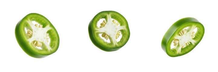 Fresh slices of green jalapeño pepper isolated on white background © Druvh
