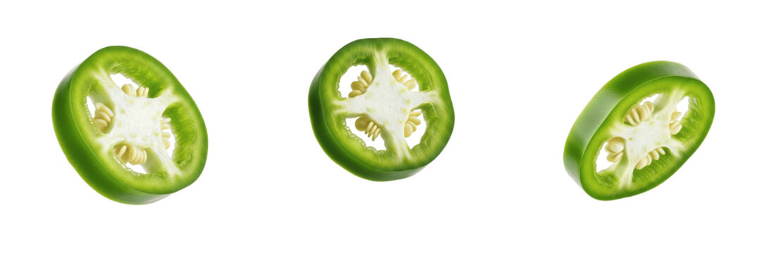 Fresh slices of green jalape&ntilde;o pepper isolated on white background