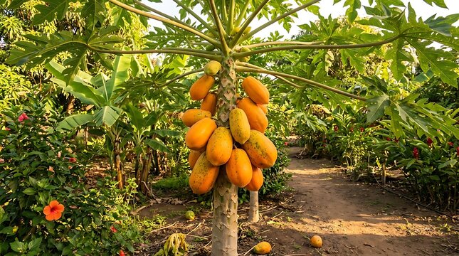 A tall tropical papaya tree heavily loaded with clusters of large ripe orange and green papayas on a farm.