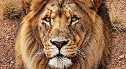 Fototapeta premium A close-up portrait of a majestic lion with detailed fur texture and intense gaze, set against a dry, rocky background.