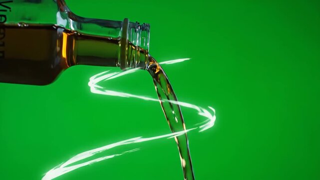 A clear glass bottle labeled 'Vinegar' is tilted, pouring amber liquid with a glowing white trail on green screen.