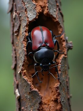 Ips typographus beetle pest in south tyrol italy , many red pines are dying detail of cutted trees eaten by the insects
