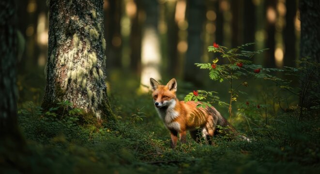 A fox in a forest setting, alert and looking towards the camera, surrounded by greenery and trees with sunlight filtering through the leaves.