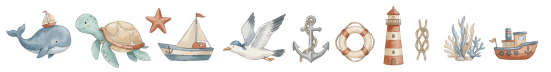 Watercolor nautical clipart set with whale, turtle, boats, lighthouse, anchor and coral. Collection of Vector illustrations. Perfect for invitation, card, poster, banner, decoration © maria