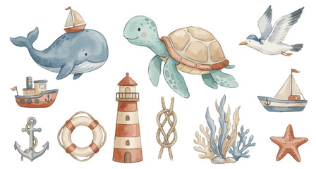 Cute ocean watercolor set with seagull, starfish, rope knot, lifebuoy and ship. Collection of Vector illustrations. Perfect for invitation, card, poster, banner, decoration © maria