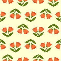Seamless pattern of orange flowers and green leaves on a yellow background for decoration and design purposes
