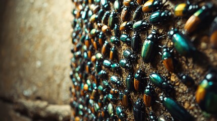 Close up view of colorful metallic beetles densely clustering on rough surface in nature