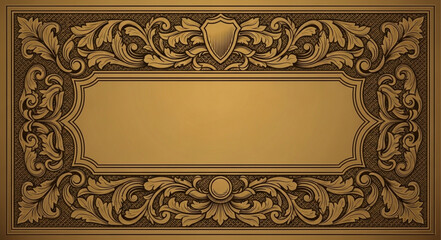 Ornate golden frame with intricate floral and shield design, elegant decorative element.