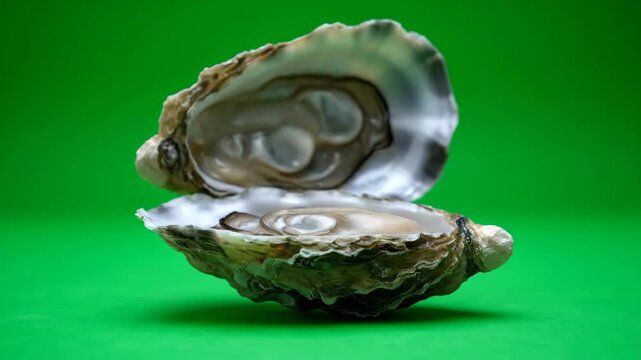 A close-up shot of a fresh oyster slowly opening and closing, revealing its delicate mollusk against a bright green backdrop. Perfect for food, seafood, or culinary projects.