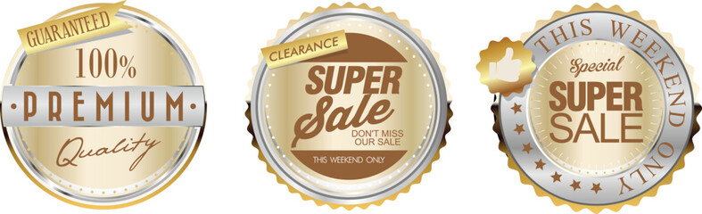Three gold and silver bottle caps with super sale and premium labels