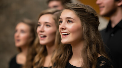 Fototapeta premium Choir in harmony singing, musical worship performance, vocal ensemble praise, church music ministry, congregational singing moment, faceless choir members, defocused sanctuary background, with