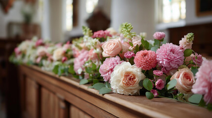 Elegant floral arrangement in church, sophisticated botanical display, formal ceremony decoration, ecclesiastical floral design, sanctuary adornment showcase, defocused interior background, with