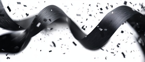 Obraz premium flowing black ribbon-like strands and scattered confetti on white background, dynamic sweeping motion conveying elegant celebratory energy