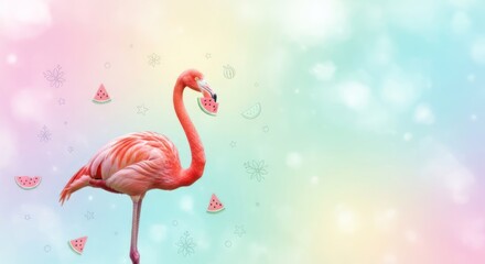 A whimsical illustration of a pink flamingo with watermelon slices and watermelon seed patterns in the background.