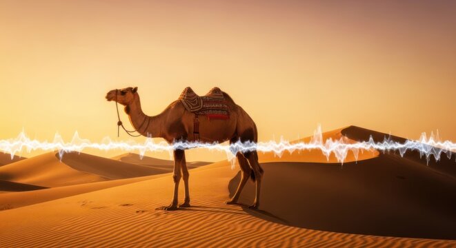 A camel stands in a desert with a waveform superimposed on the scene, suggesting sound or music.