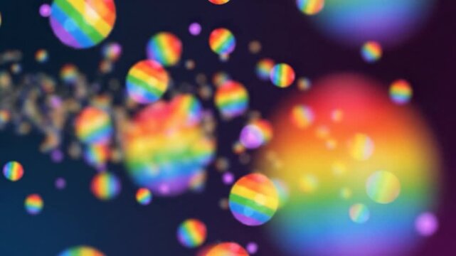 Vibrant rainbow-colored spheres float and blur against a dark gradient