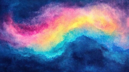 Fototapeta premium dreamy colorful aurora-like band of pink, yellow and teal light over dark textured sky with a mountain silhouette, serene and uplifting