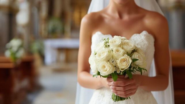 Happy bride wedding flower bouquet and marriage attire, symbolizing commitment love and happiness, bridal beauty trendy fashion, Catholic church celebration ceremony, defocused background, with