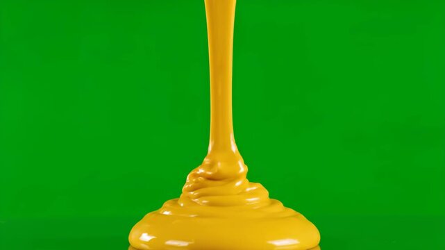 A close-up shot of a viscous yellow substance steadily pouring and forming a puddle on a reflective green surface