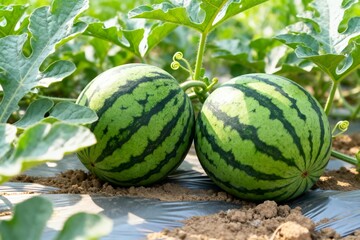 Fresh Ripe Watermelons Growing on Vine in Organic Farm Field