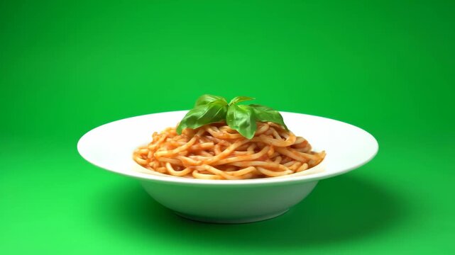 A close-up shot of appetizing spaghetti pasta with savory tomato sauce and fresh basil leaves rotating on a chroma key green background, perfect for compositing.