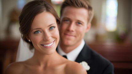 Fototapeta premium Married couple posing in church after ceremony, newlywed portrait moment, post-wedding photography, matrimonial couple display, bride and groom showcase, defocused sanctuary background, with