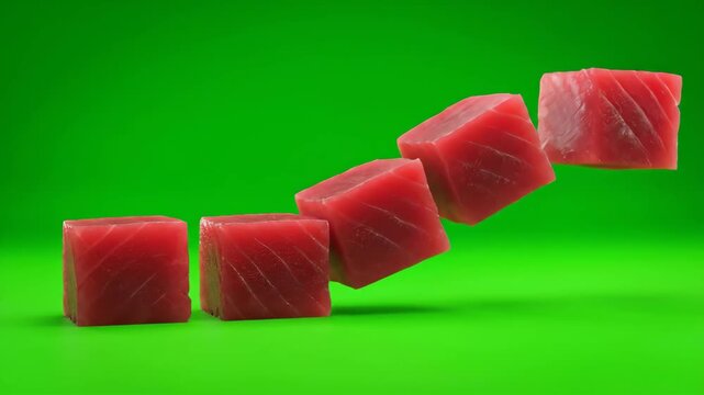 A close-up shot of fresh, vibrant red tuna cubes dynamically falling and bouncing against a bright green screen. Ideal for culinary, sushi, or healthy eating projects.