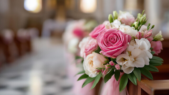 Beautiful flowers wedding decoration in church, floral ceremony arrangement, bridal sanctuary adornment, matrimonial botanical display, ecclesiastical decoration showcase, defocused interior