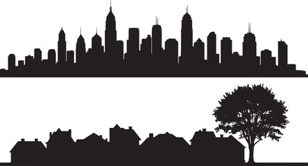 Obraz premium Minimalist silhouette skyline and countryside landscape isolated on transparent background, illustration
