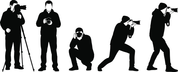Photographer silhouette collection with camera and tripod in various shooting poses, professional photography concept vector illustration isolated on white background © Samol