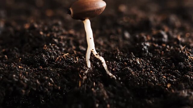 A close-up time-lapse captures a seed germinating, with its root system extending into dark, fertile soil.