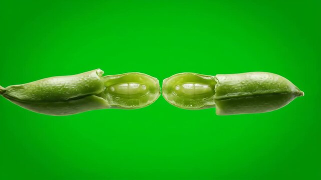 A close-up view of a green finger lime pod splitting open, showcasing the unique citrus caviar inside on a solid green background. Perfect for food, cooking, and healthy eating themes.