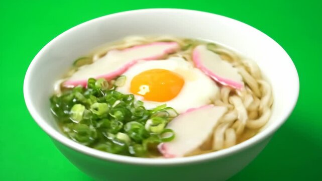 A comforting bowl of Japanese udon noodles, featuring a soft-boiled egg, kamaboko, and fresh green onions in a savory broth, ideal for food-related projects.